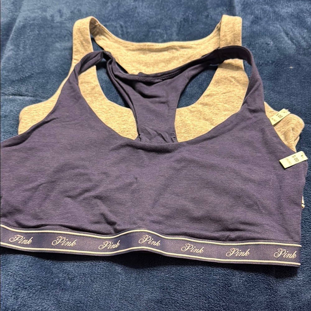 PINK Victoria's Secret Blue and Cream Sports Bra with Racerback